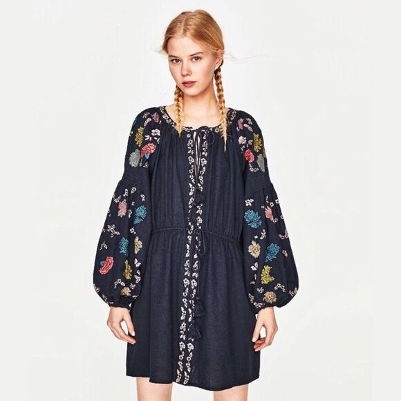 ✨4xHP✨Navy Blue Short Embroidered Tunic MidiDress✨ - Picture 5 of 12
